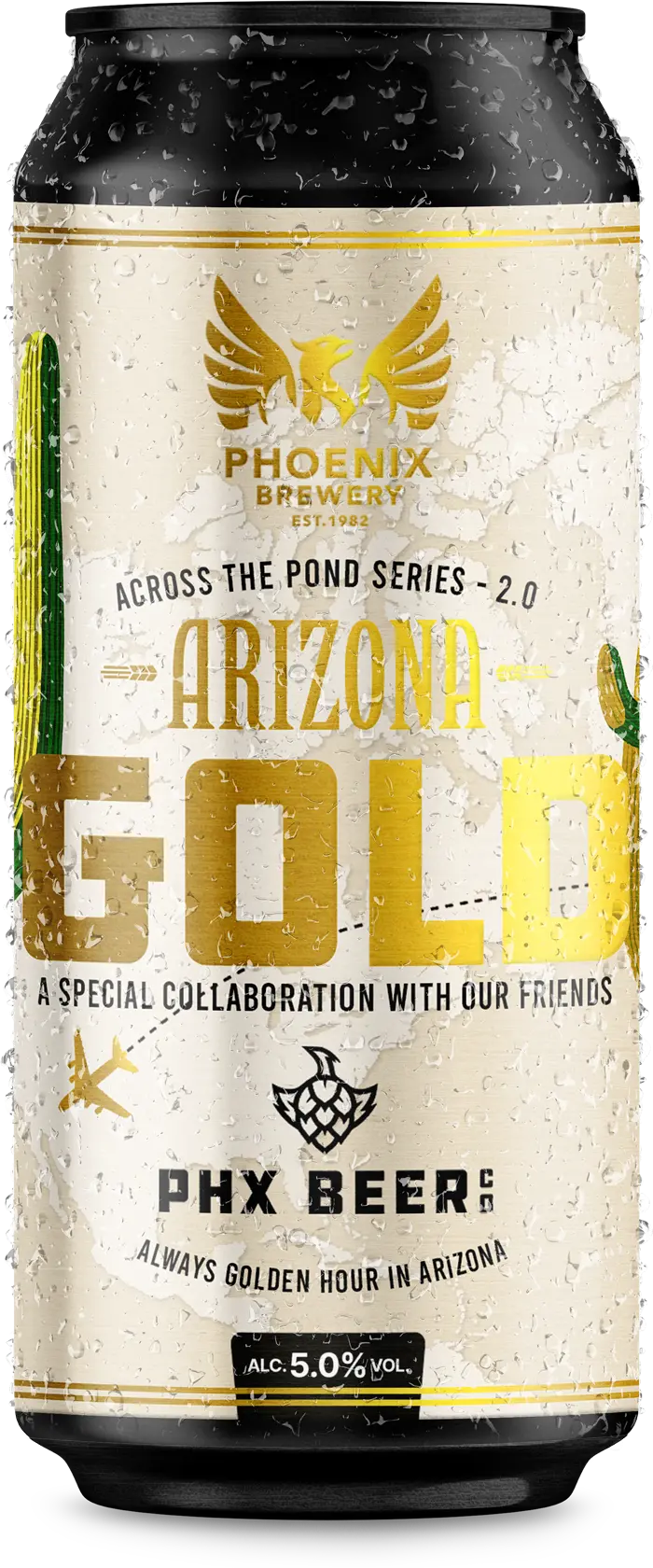 Close-up of a chilled Phoenix Brewery 'Arizona Gold' beer can covered in condensation, featuring gold typography, cactus illustrations, and branding for the Across the Pond Series in collaboration with PHX Beer Co.