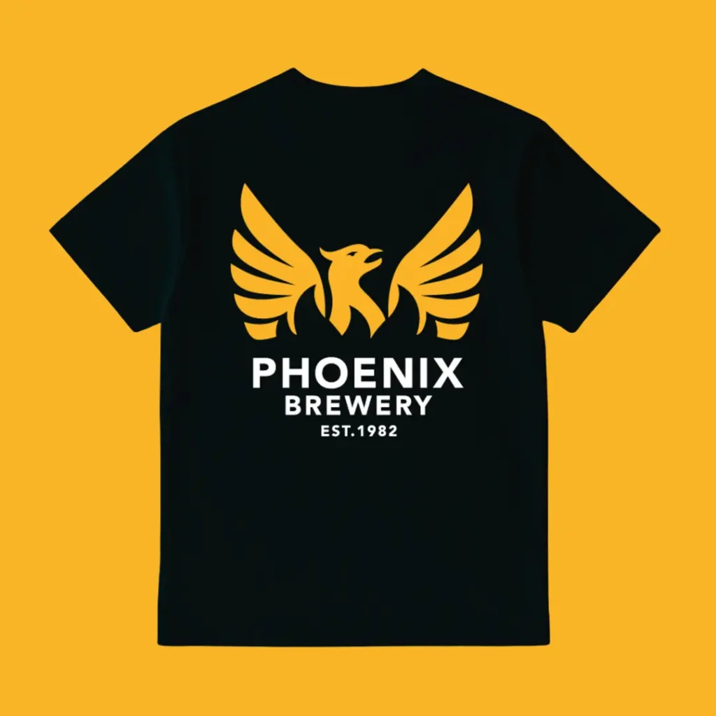 Black Phoenix Brewery t-shirt back print featuring a gold phoenix logo and "Phoenix Brewery Est. 1982" text on a yellow background