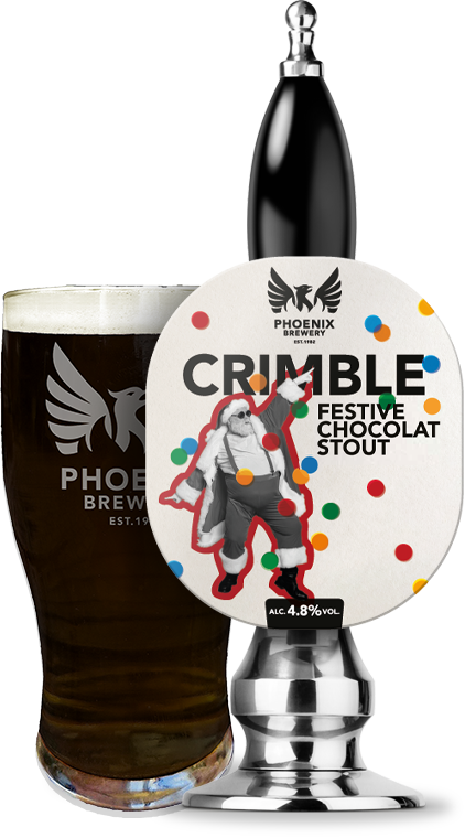 Phoenix Brewery Crimble Festive Chocolate Stout 4.8% pump clip on beer pump next to pint