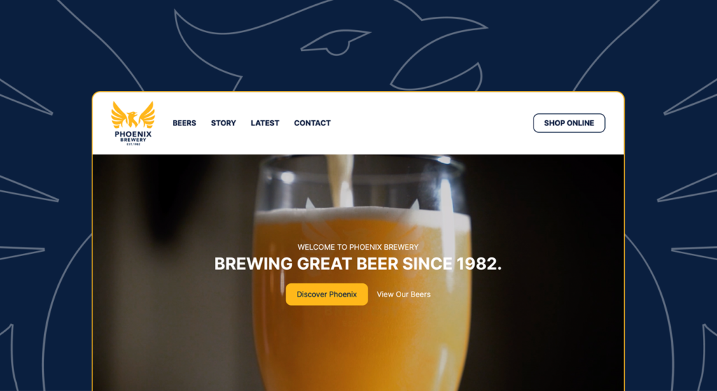 Homepage of the Phoenix Brewery website featuring a sleek navigation bar with links to Beers, Story, Latest, and Contact pages. A prominent 'Shop Online' button is visible. The main visual is a close-up of a frothy beer glass with the text 'Welcome to Phoenix Brewery - Brewing Great Beer Since 1982.' set against a dark blue background with stylized phoenix outlines.