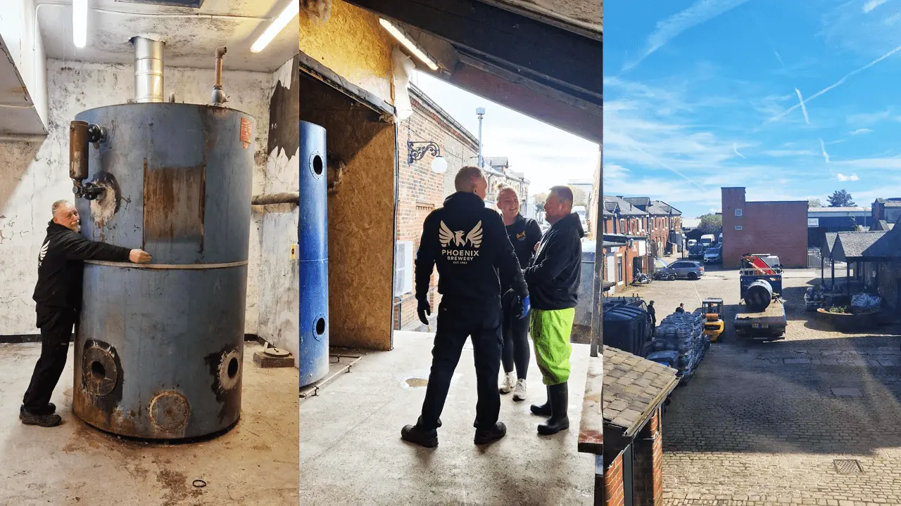 A sequence showing the Phoenix Brewery team moving an old boiler out of the brewery: first, the large boiler inside the brewery; second, team members discussing the move outside; and third, the boiler being transported out on a sunny day.