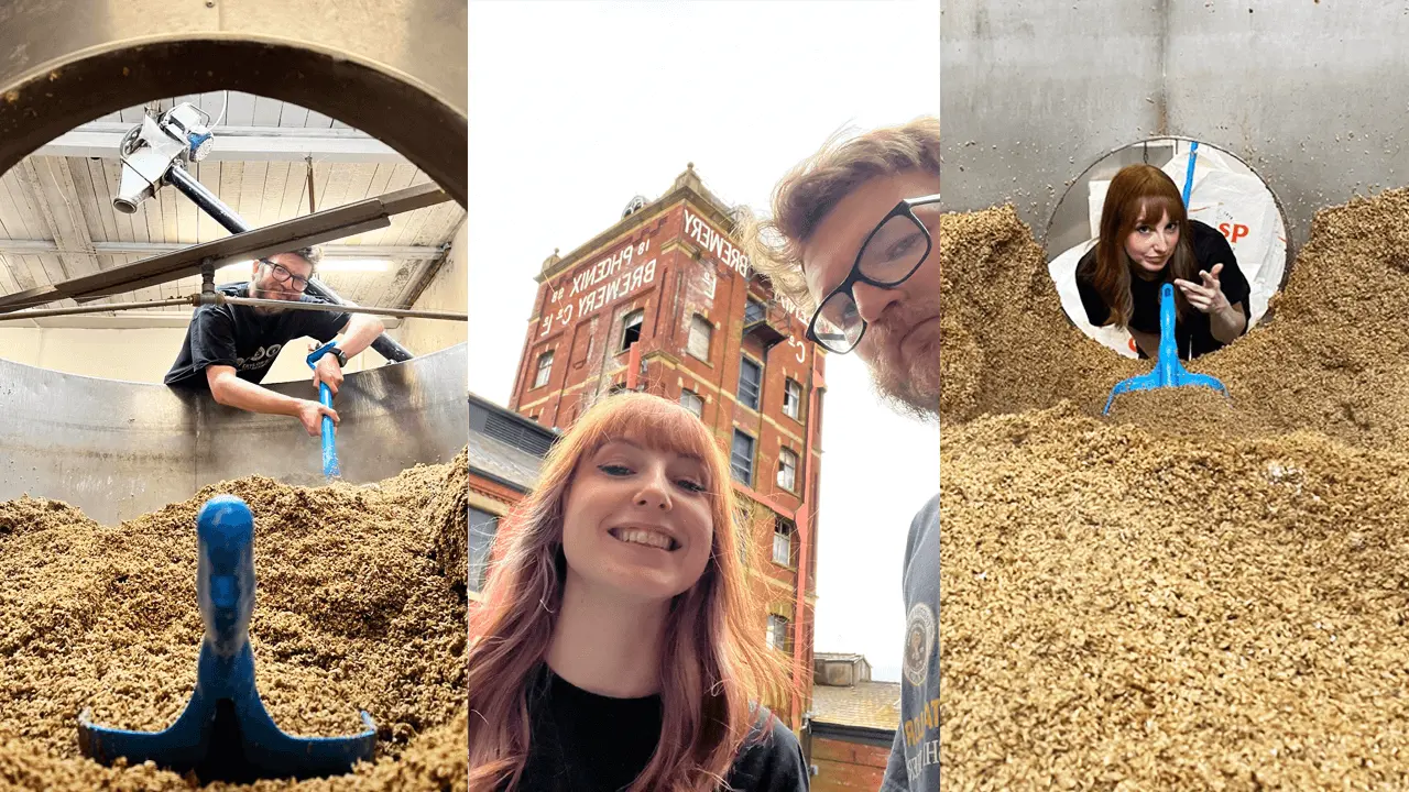 A sequence depicting the collaboration with The County Beer House at Phoenix Brewery: first, Liam is stirring the mash tun; second, Amber and Liam from The County Beer House in front of the brewery building; and third, Amber posing through a hatch in the mash tun filled with grains.