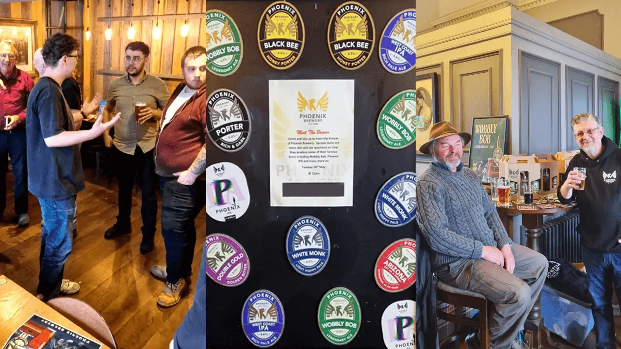 A sequence from the 'Meet the Brewer' events at Phoenix Brewery: first, fans chatting and enjoying beers; second, various Phoenix Brewery beer labels and an event poster; and third, two fans enjoying beers and conversation.