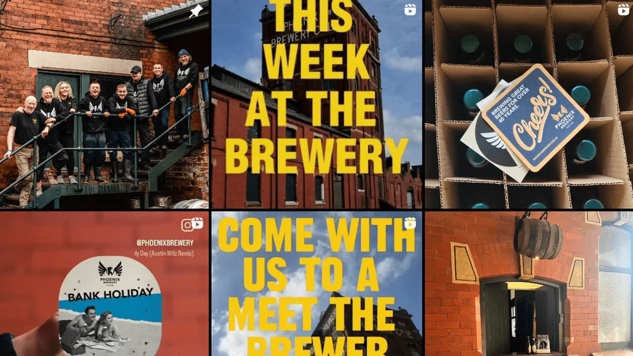 A sequence highlighting Phoenix Brewery's social media presence: first, the brewery team posing on a metal staircase; second, a collage of various social media posts including event announcements and beer packaging; and third, a close-up of a beer mat promoting the brewery's social media pages.