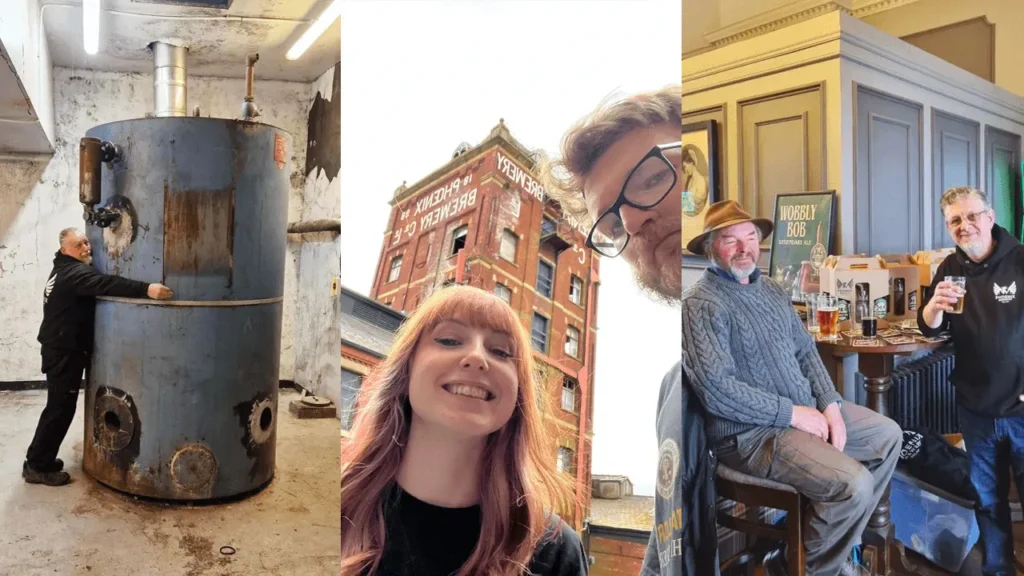 Thumbnail image featuring three scenes at Phoenix Brewery: first, a team member moving an old boiler inside the brewery; second, Amber and Liam from The County Beer House in front of the Phoenix Brewery building; and third, two fans enjoying beers and conversation at a 'Meet the Brewer' event.