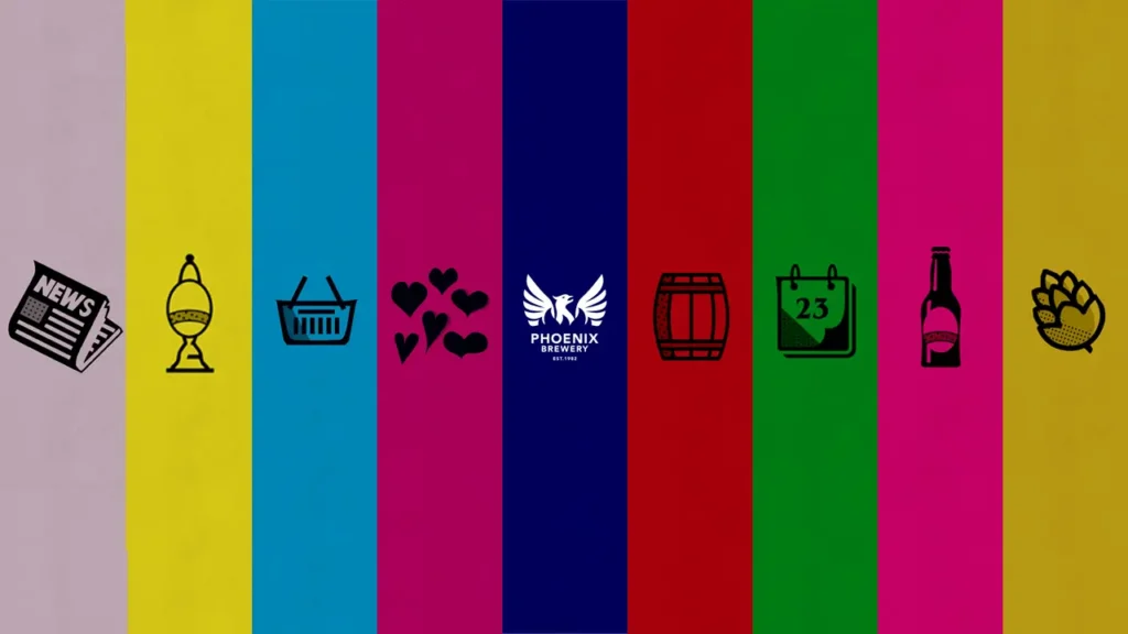 Colourful graphic featuring vertical stripes in various colours, each with icons representing different themes: news, a trophy, a shopping basket, hearts, a beer barrel, a calendar, a beer bottle, and a hop. The central stripe displays the Phoenix Brewery logo.