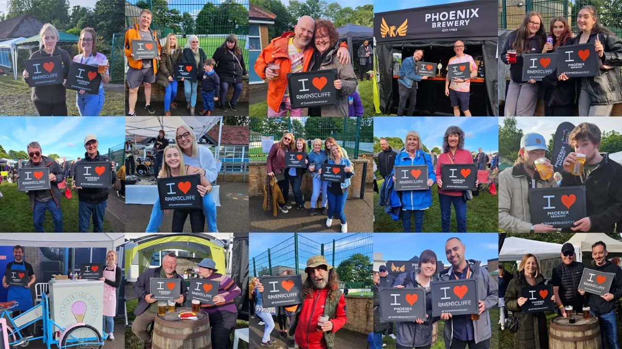 Collage of various people at Ravenscliffe's Summer Sounds Festival holding signs that say 'I love Ravenscliffe.' The event includes live music, DJ sets, and dance acts, with the Phoenix Brewery logo visible on a tent in the background.