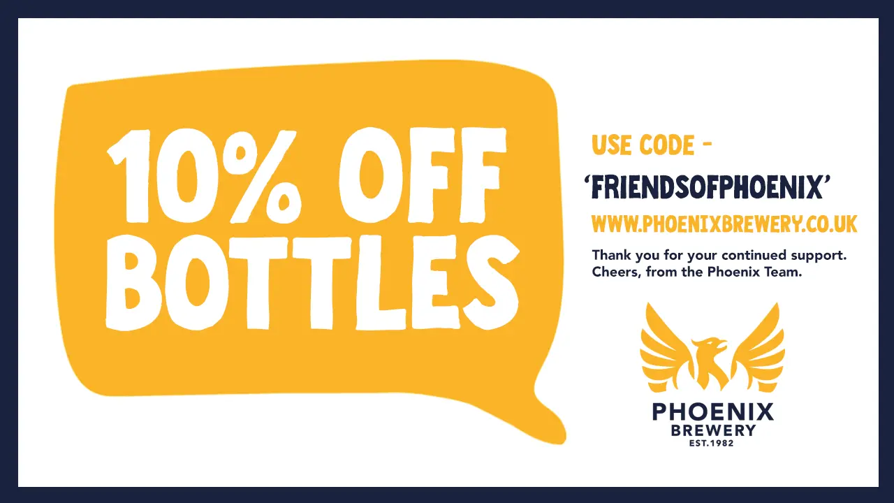Promotional banner offering 10% off bottles from Phoenix Brewery using the code 'FRIENDSOFPHOENIX'.