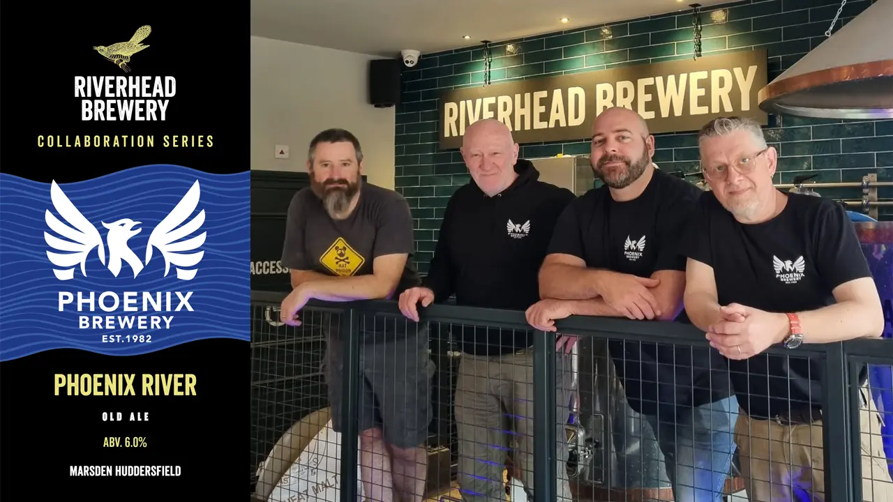 Team members of Phoenix Brewery standing inside Riverhead Brewery for a collaboration series promoting Phoenix River Old Ale.