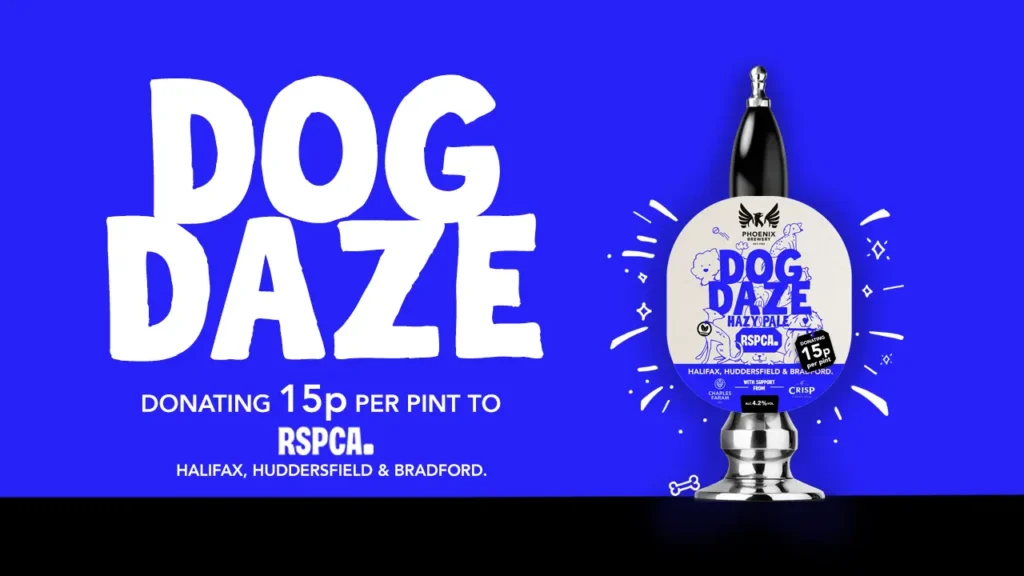 Promotional graphic for Phoenix Brewery’s 'Dog Daze' hazy pale ale, donating 15p per pint to the RSPCA.