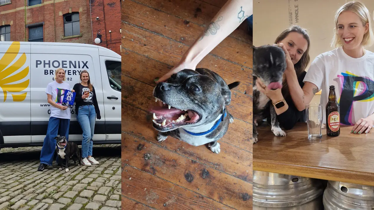 Two women standing with a dog in front of a Phoenix Brewery van, holding a promotional flyer for Phoenix Brewery’s 'Dog Daze' hazy pale ale, donating 15p per pint to the RSPCA.
