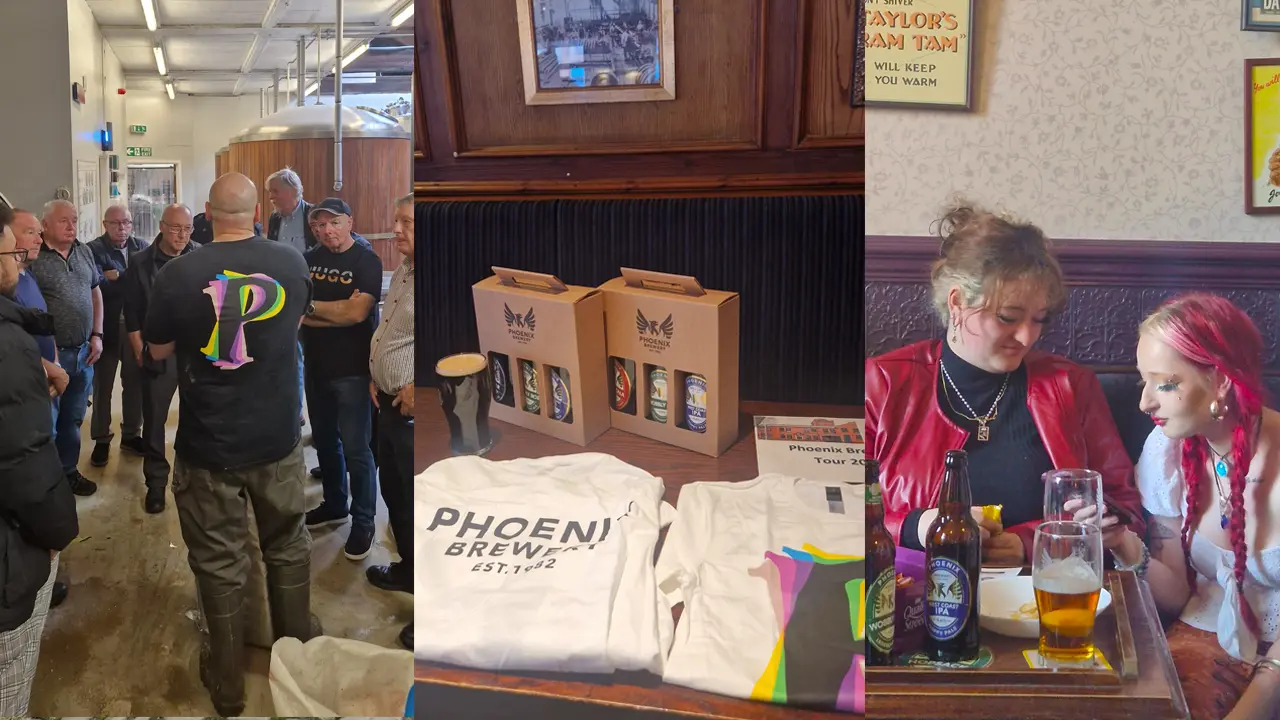 Phoenix Brewery tour group touring the brewery and enjoying a beer, with T-Shirts and various merchandise up for grabs.