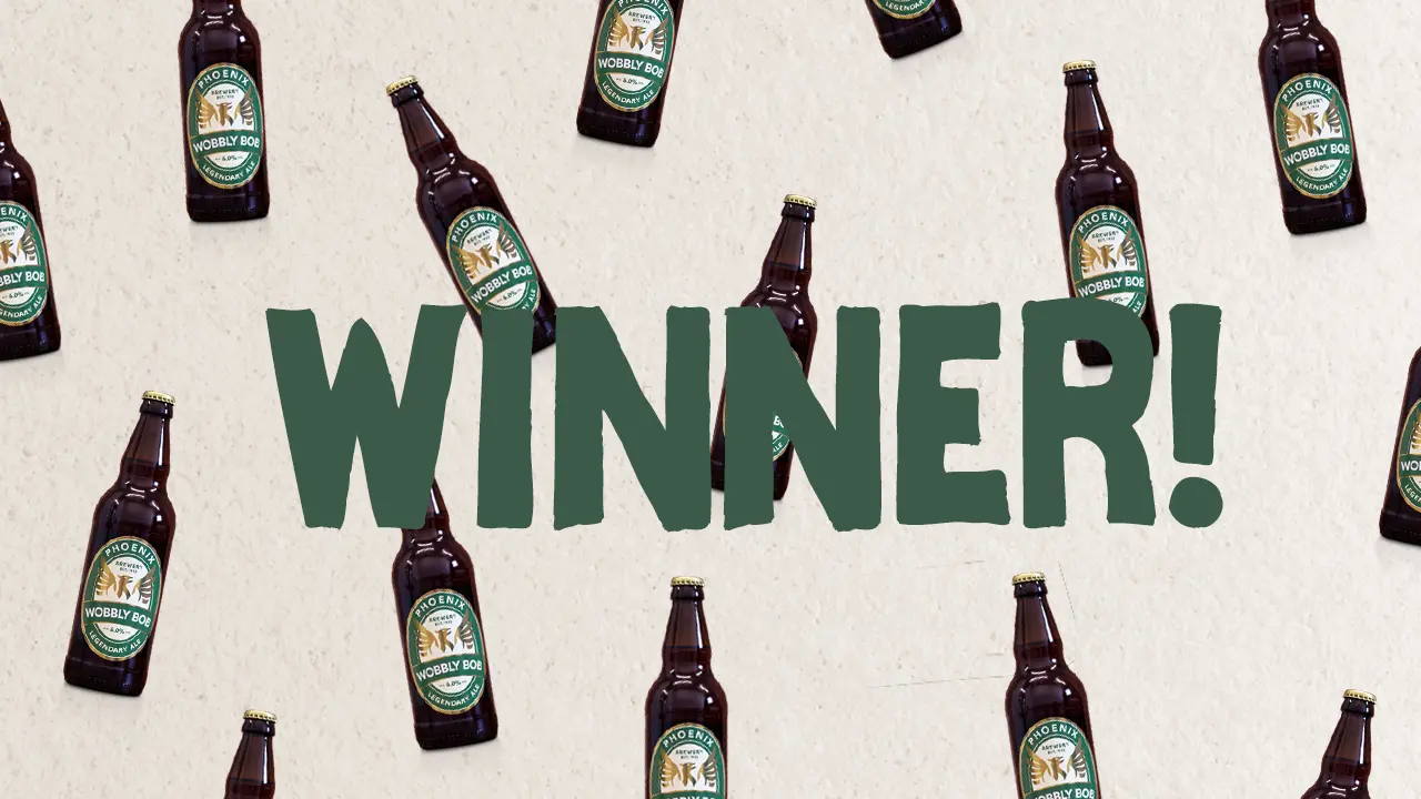 Repeated Phoenix Brewery Wobbly Bob beer bottles with the word 'WINNER' displayed across the center.