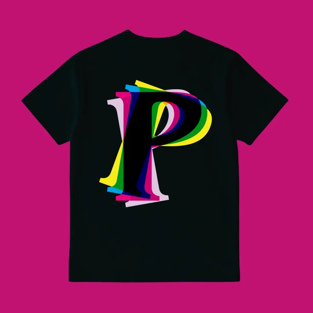 Black t-shirt back print featuring a large multicolour chromatic-offset letter P on a pink background