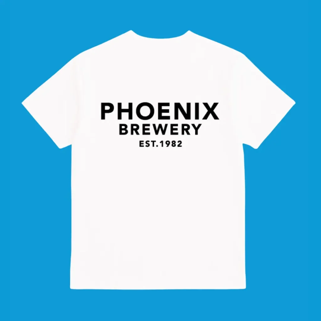 White Phoenix Brewery t-shirt back print with large black "Phoenix Brewery Est. 1982" text on a blue background