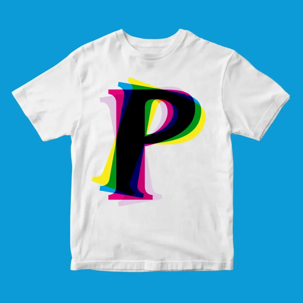 White t-shirt front with large multicolour chromatic-offset letter P graphic on a blue background